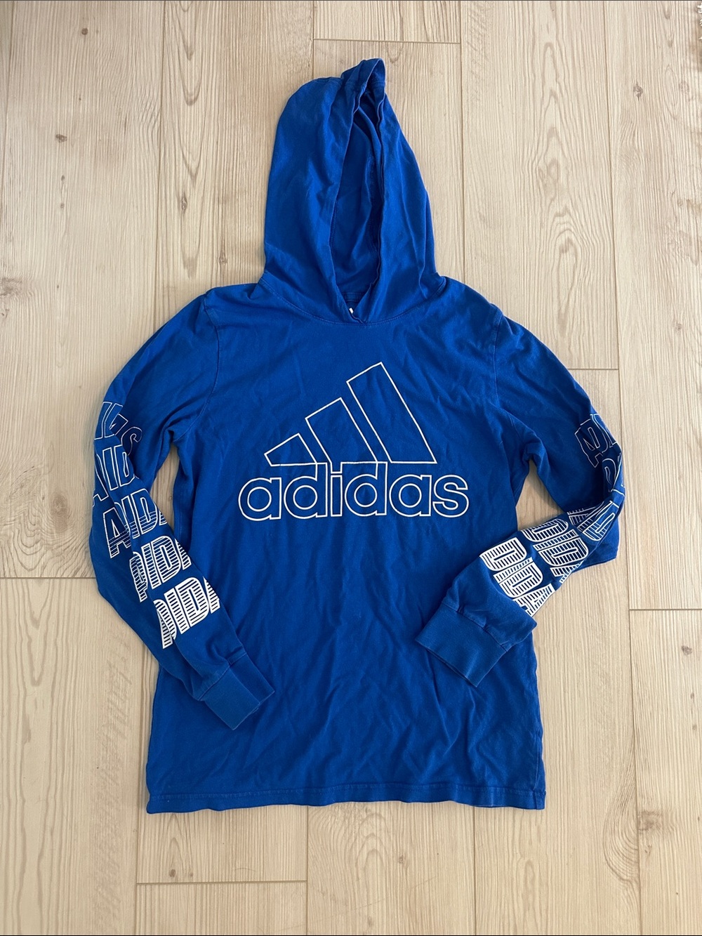 adidas Royal Blue Hooded Long Sleeve Logo Tee